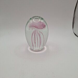 LARGE PINK JELLY FISH ART GLASS PAPERWEIGHT GLOW IN THE DARK EUC